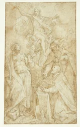Christus in de wolken, gedragen door engelen, verschijnt aan een bisschop bij een lezenaar, een bisschopsheilige (St. Augustinus?) en Catharina van Alexandrië