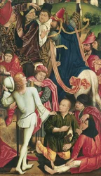 Ridders en soldaten dobbelen om de mantel van Christus