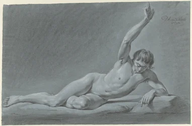 Liggend mannelijk naakt met geheven arm