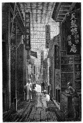 Uitzicht op Pharmacy Street in Guangzhou. Gravure naar een tekening van Deroy, in "Le Tour du Monde, Nouveau journal des Voyages", uitgegeven door Edouard Charton, Parijs