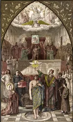 Sint Remigius doopt Clovis in Reims - De doop van koning Clovis I van de Franken in Reims door bisschop Sint Remi op 25/12/496 (of 499) - gravure naar het schilderij van Desire Francois Laugee