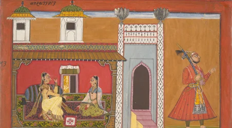 Een courtisane en haar minnaar vervreemd door een ruzie: Pagina uit een Rasamanjari-serie, 1694-95