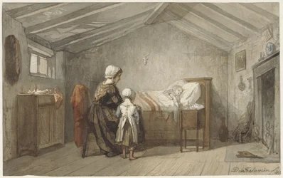 Moeder en dochter bij het ziekbed van een kind
