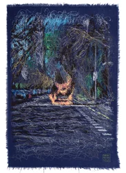 Auto en fuego en Belgrano, 2025 (acryl, inkt en potlood op stof)