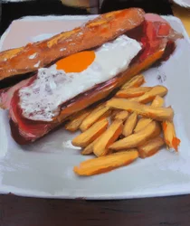 Bocata con huevo y patatas fritas, 2018 (acrylverf op afgedrukte foto)
