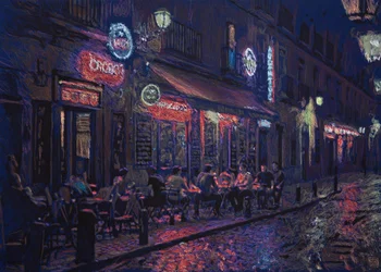 Calle y bar madrileño, 2025 (acryl, inkt en potlood op stof)