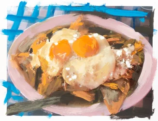 Chilaquiles con pollo y huevo, 2018 (acrylverf op geprinte foto)