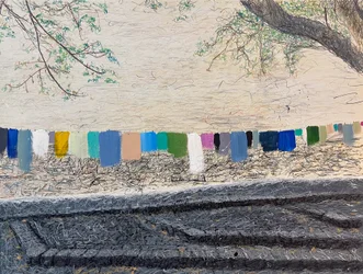 Ropa colgada, 2024 (acryl en potlood op doek)