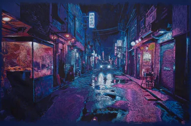 Volviendo albergue en HK, 2025 (acryl, inkt en potlood op stof)