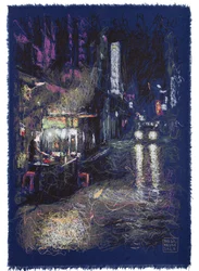 Volviendo albergue en Tailandia, 2025 (acryl, inkt en potlood op stof)