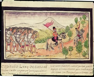 Fol.204v De Totonac-indianen helpen de conquistadores bij het vervoeren van materialen, 1579