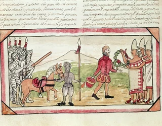 Fol.208v Ontmoeting van Hernando Cortes (1485-1547) en Montezuma (1466-1520), miniatuur uit de 