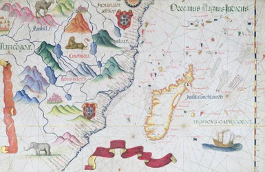 Madagaskar en Oost-Afrikaanse Kustlijn, detail uit een wereldatlas, 1565