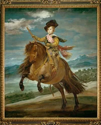 Infante Baltasar Carlos, zoon van koning Felipe IV en koningin Isabella, te paard (schilderij op doek)