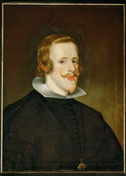 Koning Filips IV van Spanje in een zwart kostuum met de kleine witte kraag die hij invoerde in plaats van de grote molenkragen