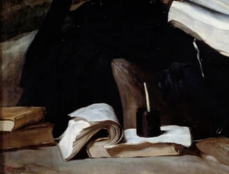 Portret van de nar Diego de Acedo genaamd de neef, detail. Boeken