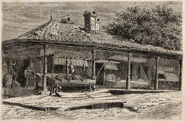 Een slagerij en een bakkerij in Boekarest (Roemenië). Gravure ter illustratie van de reis van Parijs naar Boekarest door Lancelot, ontwerper, in 1860, in 