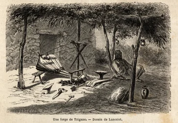 Een zigeunersmederij in de regio Walachije, Roemenië. Gravure ter illustratie van de reis van Parijs naar Boekarest, door Lancelot, tekenaar, in 1860, gepubliceerd in 