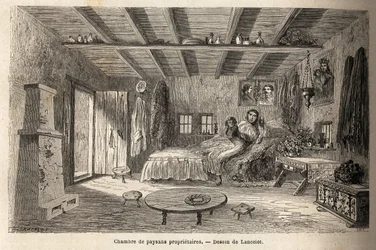 Een huis van eigenaar-boeren, in de buurt van Orezu (Walachije, Roemenië). Gravure ter illustratie van de reis van Parijs naar Boekarest, door Lancelot, tekenaar, in 1860, gepubliceerd in 