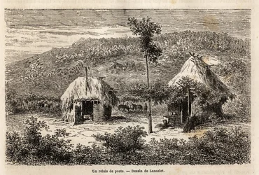 Een postrelais tussen Boekarest en Pitesti. Gravure ter illustratie van de reis van Parijs naar Boekarest (Roemenië), in 1860, door Lancelot, ontwerper, in 