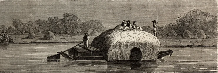 Snijden, oogsten en vervoeren van voer aan de oevers van de Donau. Gravure in Le tour du monde, bewerkt door Edouard Charton.
