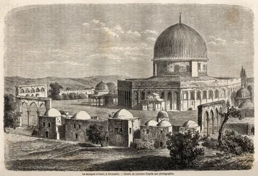 De moskee van Omar, gebouwd in 691 in Jeruzalem, tekening door Lancelot, ter illustratie van de reis van de heer Bida naar Palestina in 1856. Gravure in 