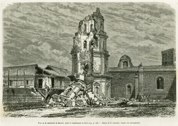 Toren van de kathedraal van Manilla, na de aardbeving op 18 juli 1880. Gravure door Lancelot ter illustratie van het verhaal Lucon en Palaouan, zes jaar in de Filippijnen, door Alfred Marche