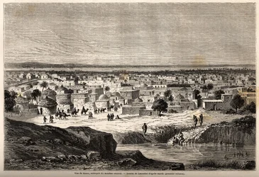 Zicht op Kano (stad en staat in het noorden van het huidige Nigeria), magazijn van centraal Soedan, tekening door Lancelot, ter illustratie van de reis van 1849-1855, naar het centrum van Afrika van Dr. Henri Barth. Gravure in 