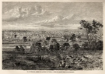 Uitzicht op Melbourne (Australië), tekening door Lancelot, ter illustratie van de herinneringen van een Franse squatter in Australië, in 1854-1859, door M. de Castella. Gravure in 