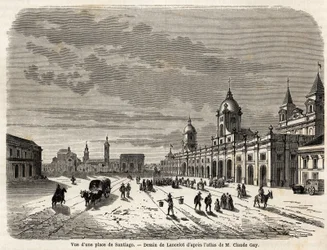 Uitzicht op een plein in Santiago (Chili). Gravure in Le tour du monde, nouveau journal des voyages.
