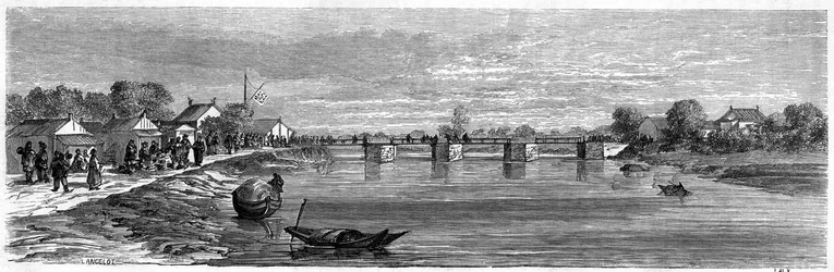 Uitzicht op de brug over de Suzhou rivier nabij Shanghai in 1860, China. Gravure door Lancelot, in 