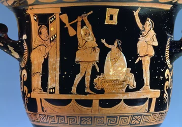 Roodfiguren klokkrater: detail van decoratie met een scène uit een toneelstuk