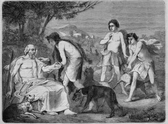 Homerus op het eiland Syros. Gravure uit 1864, naar het schilderij van Maillard.