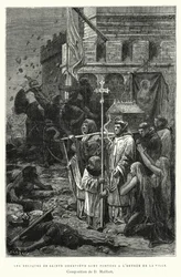 De relikwieën van Sint Genevieve worden naar de ingang van de stad gebracht