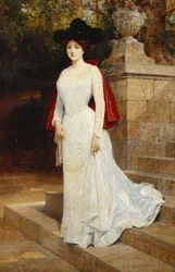 Portret van een dame, staand in volle lengte, gekleed in een crèmekleurige jurk en een rode mantel