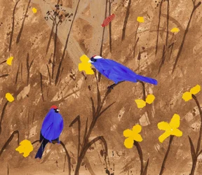 Primaire kleuren (Diadem Tanagers  Ceibo boom) (acryl  collage)