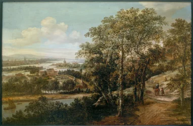 Uitgestrekt rivierlandschap met een ruiter en andere figuren op de voorgrond