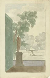 Ontwerp voor een wanddecoratie in een hal: uitzicht op een tuin met een standbeeld, fontein en urnen