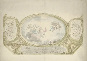 Ontwerp voor een plafondschildering: ovaal met allegorische voorstelling, omringd door scènes met putti