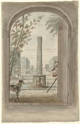 Ontwerp voor een kamerbeschildering met gezicht door een openstaande deur in een tuin met fontein
