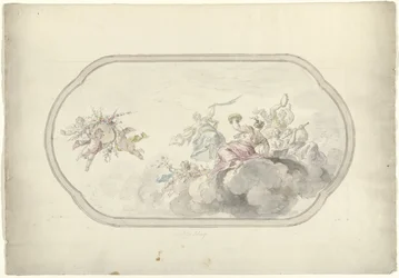 Ontwerp voor een plafondschildering met musicerende vrouwen en putti met bloemenmand als allegorie op Blijdschap