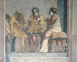 Romeins mozaïek van scène uit toneelstuk met gemaskerde acteurs, Villa van Cicero, Pompeii, 2e eeuw v.Chr.