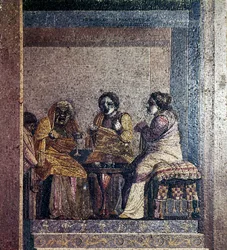 Romeins mozaïek van scène uit toneelstuk met gemaskerde acteurs, Villa van Cicero, Pompeii, ca. 2e eeuw v.Chr.