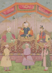 Mughal Keizer Babur en zijn zoon, Humayun, Indiase miniatuur uit Rajasthan, 16e eeuw