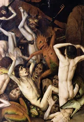 Hel, detail van een demon die de verdoemden slaat, ca. 1450