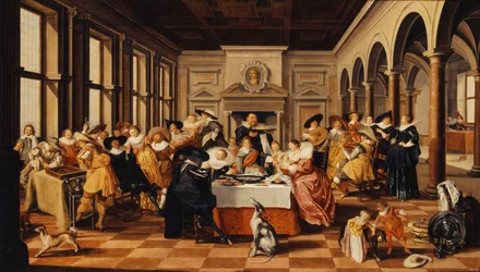 Een vrolijk gezelschap in een paleisachtig interieur