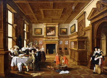 Een vrolijk gezelschap in een interieur