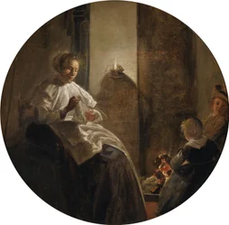 Een vrouw naait bij kaarslicht