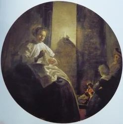 Een vrouw naait bij kaarslicht