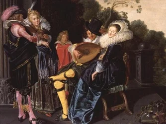 Een elegant gezelschap maakt muziek bij een siermeer, 1621